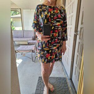 Tildon Dress Multi Color  Deep Slit Back SzL Junior Long Sleeves Round Cute Dres